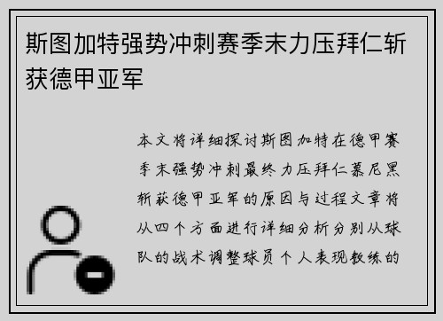 斯图加特强势冲刺赛季末力压拜仁斩获德甲亚军