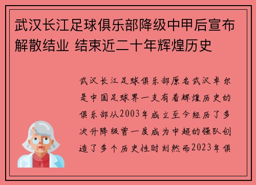 武汉长江足球俱乐部降级中甲后宣布解散结业 结束近二十年辉煌历史