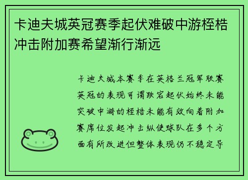 卡迪夫城英冠赛季起伏难破中游桎梏冲击附加赛希望渐行渐远